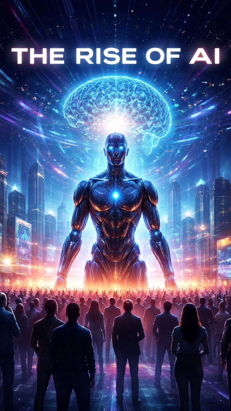 The rise of AI, illustrated as a towering AI figure watched by a crowd in a city